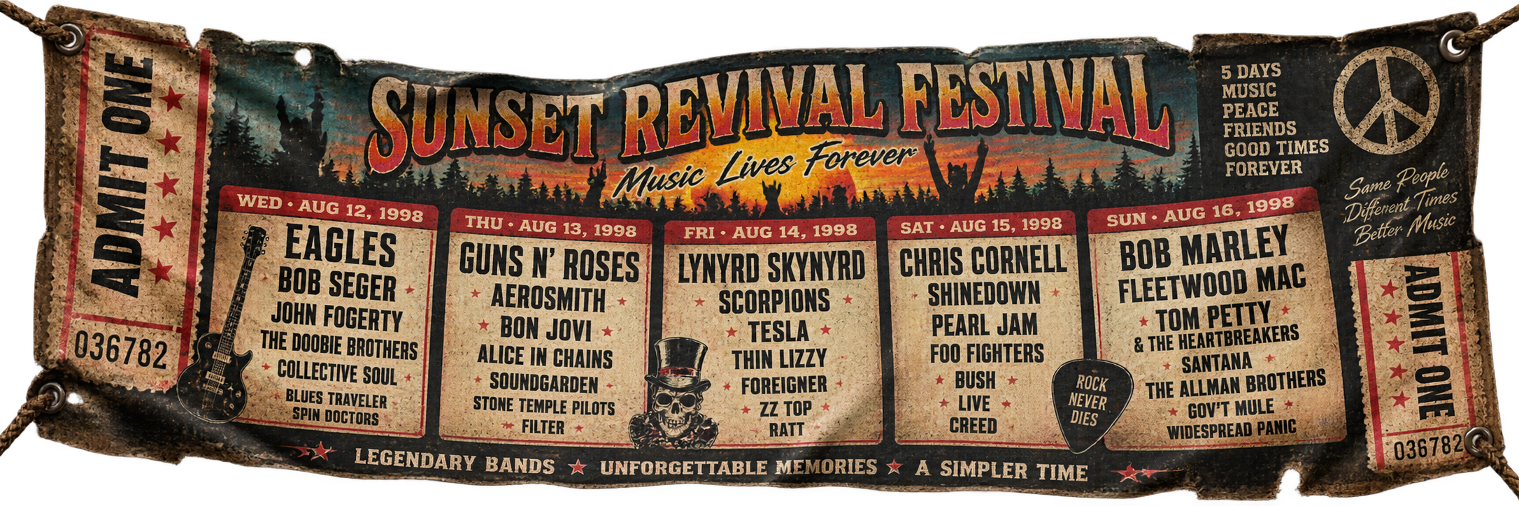 A weathered five-day Sunset Revival Festival souvenir banner