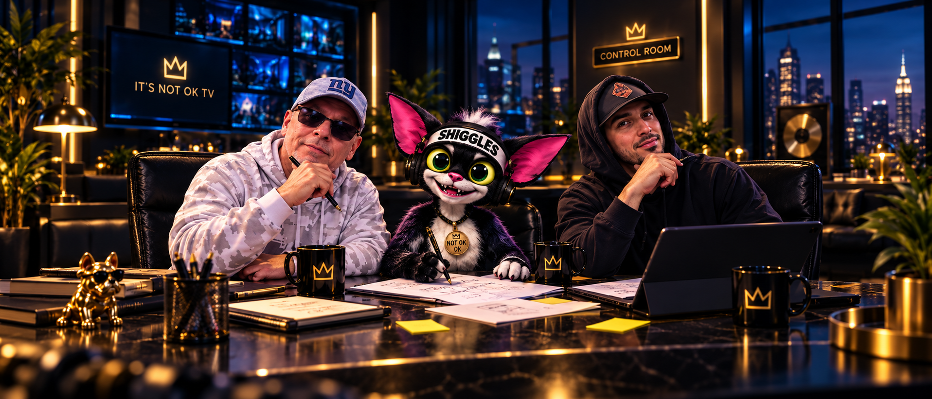 Joey, Milo and Shiggles seated around the It's Not OK TV Control Room desk